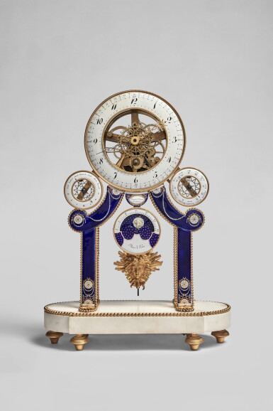 View full screen - View 1 of Lot 120. A Directoire Gilt Bronze, Enamel and White Marble Skeleton Clock, The Enamel Dated 1796.