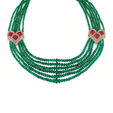 View full screen - View 1 of Lot 153. COLLIER EMERAUDES, RUBELLITES ET DIAMANTS, MELLERIO, 1986 | EMERALD, RUBELLITE AND DIAMOND NECKLACE, MELLERIO, 1986.