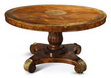 View full screen - View 1 of Lot 17. A GEORGE IV GILT-BRASS MOUNTED AND INLAID ROSEWOOD CENTER TABLE, CIRCA 1820.