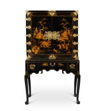 View full screen - View 1 of Lot 215. A George I Black and Gilt Japanned Cabinet on Stand, Circa 1720.