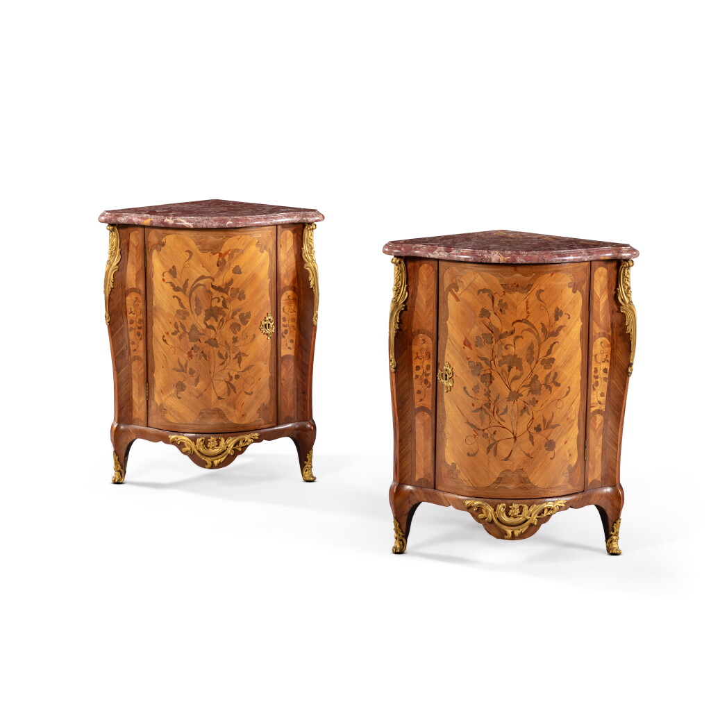 View full screen - View 1 of Lot 35. A pair of Louis XV gilt-bronze mounted kingwood, tulipwood and amaranth encoignures, circa 1750.