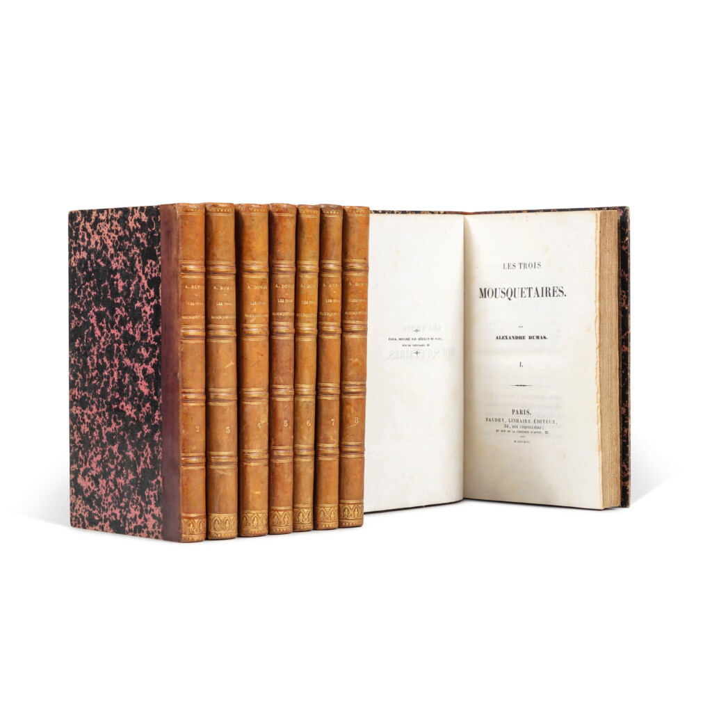 View full screen - View 1 of Lot 28. Les Trois Mousquetaires. Paris, 1844. Rare édition originale du roman le plus célèbre de Dumas en reliure de l'époque. 8 tomes en 4 volumes..