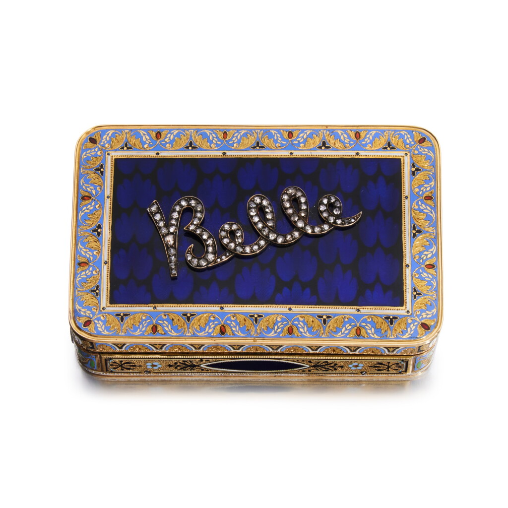 View full screen - View 1 of Lot 158. A Jeweled Gold and Enamel Musical Snuff Box, Geneva, Circa 1815 and Later .