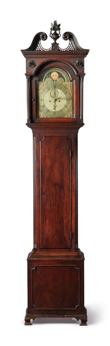 View full screen - View 1 of Lot 28. Rare Chippendale Carved and Figured Mahogany Tall Case Clock, case attributed to George Pickering (w.1773 - d. 1784), works by David Robinson, London, Philadelphia, Pennsylvania, circa 1775.