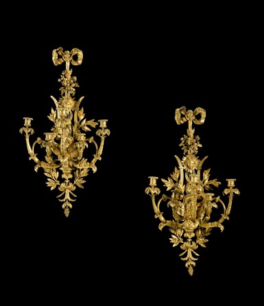 View full screen - View 1 of Lot 23. A pair of French gilt-bronze five-light wall appliques, attributed to Pierre-François and Lucien-François Feuchère, early 19th century.