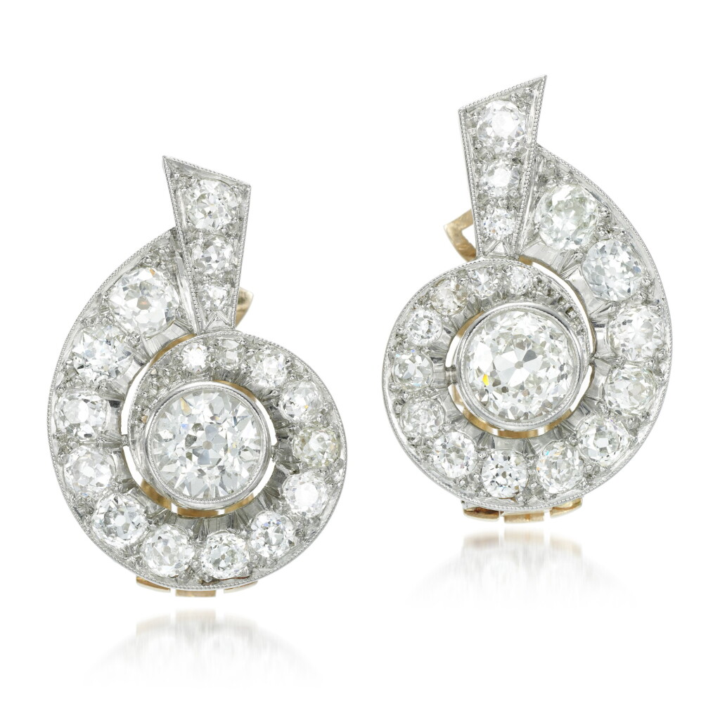 View full screen - View 1 of Lot 148. Diamond earrings, 1930s.