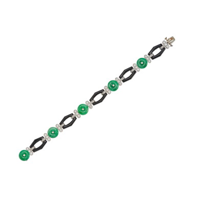 View full screen - View 1 of Lot 141. A Jade, Onyx and Diamond Bracelet.