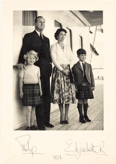 View full screen - View 1 of Lot 32. Elizabeth II | Seven Christmas photos signed, also signed by the Duke of Edinburgh, 1953-60.