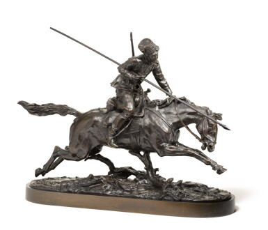 View full screen - View 1 of Lot 248. GALLOPING COSSACK: A BRONZE FIGURAL GROUP, AFTER THE MODEL BY EVGENI LANCERAY (1848-1886).