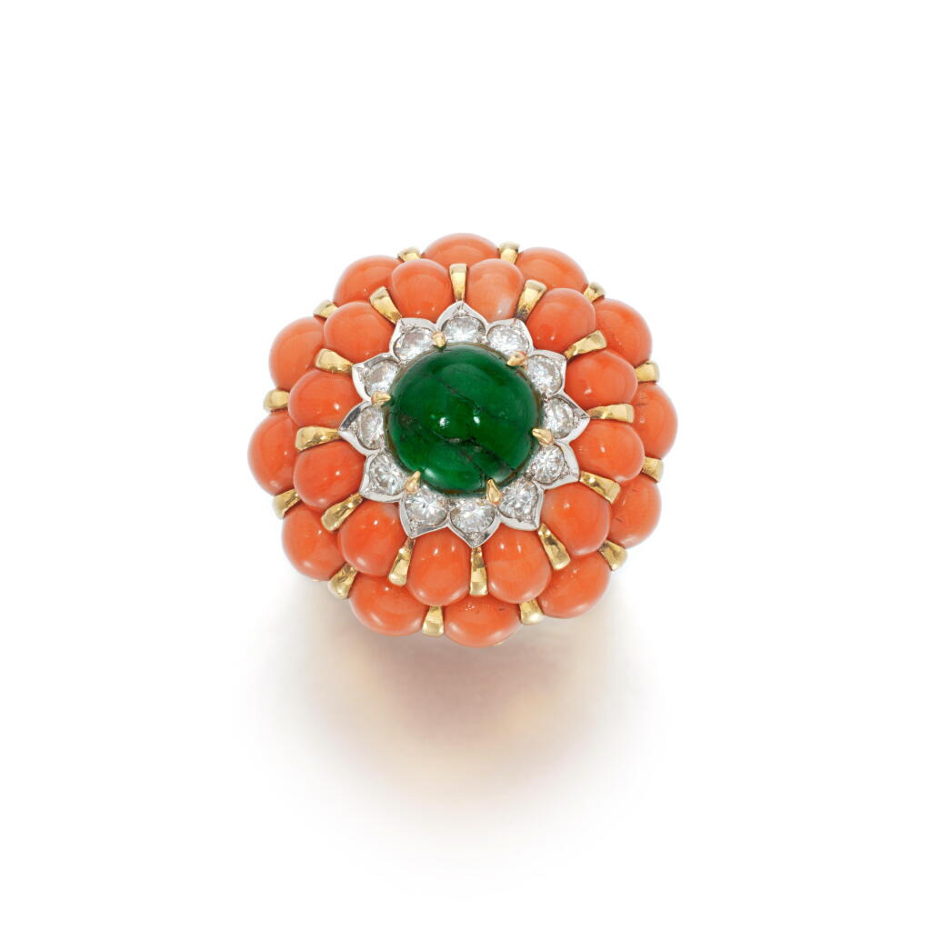 View full screen - View 1 of Lot 1115. Emerald, coral and diamond ring, 1960s.