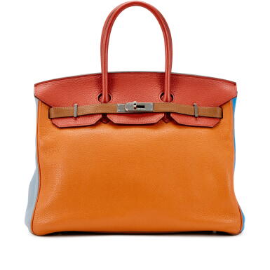 View full screen - View 1 of Lot 105. Orange, Sanguine, Gold, Bleu Hydra, Bleu Lin and Etain Clemence Arlequin Birkin 35 Palladium Hardware, 2012.