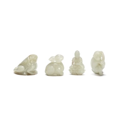 View full screen - View 1 of Lot 105. Three pale green jade figures of animals and a figure of Buddha, Qing dynasty, 19th century.