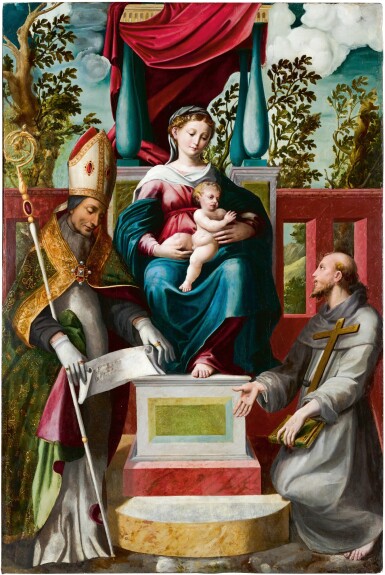 View full screen - View 1 of Lot 29. The Virgin and Child enthroned with a bishop saint and Saint Francis | 《聖母與聖嬰加冕,主教聖人及聖方濟各在旁》.