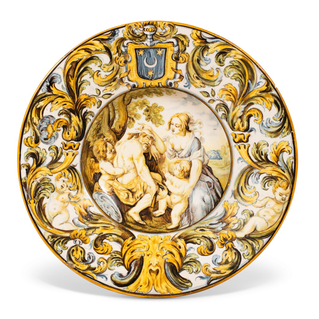 View full screen - View 1 of Lot 178. A Castelli maiolica armorial istoriato plate, circa 1730, workshop of Carlantonio Grue.