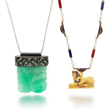 View full screen - View 1 of Lot 56. JADEITE AND DIAMOND PENDANT NECKLACE AND AN ENAMEL AND SEED PEARL NECKLACE.