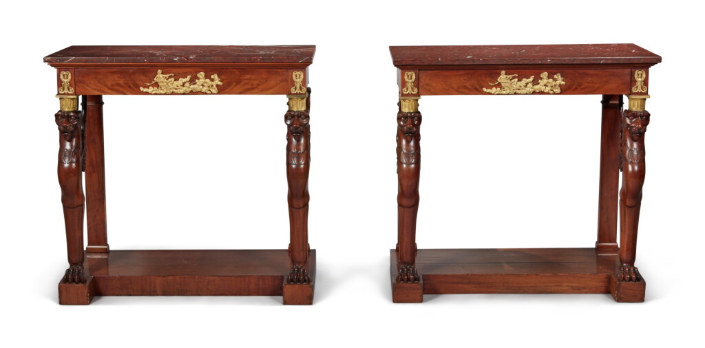 View full screen - View 1 of Lot 110. A Pair of Restauration Gilt Bronze-Mounted Mahogany Console Tables, Circa 1820.