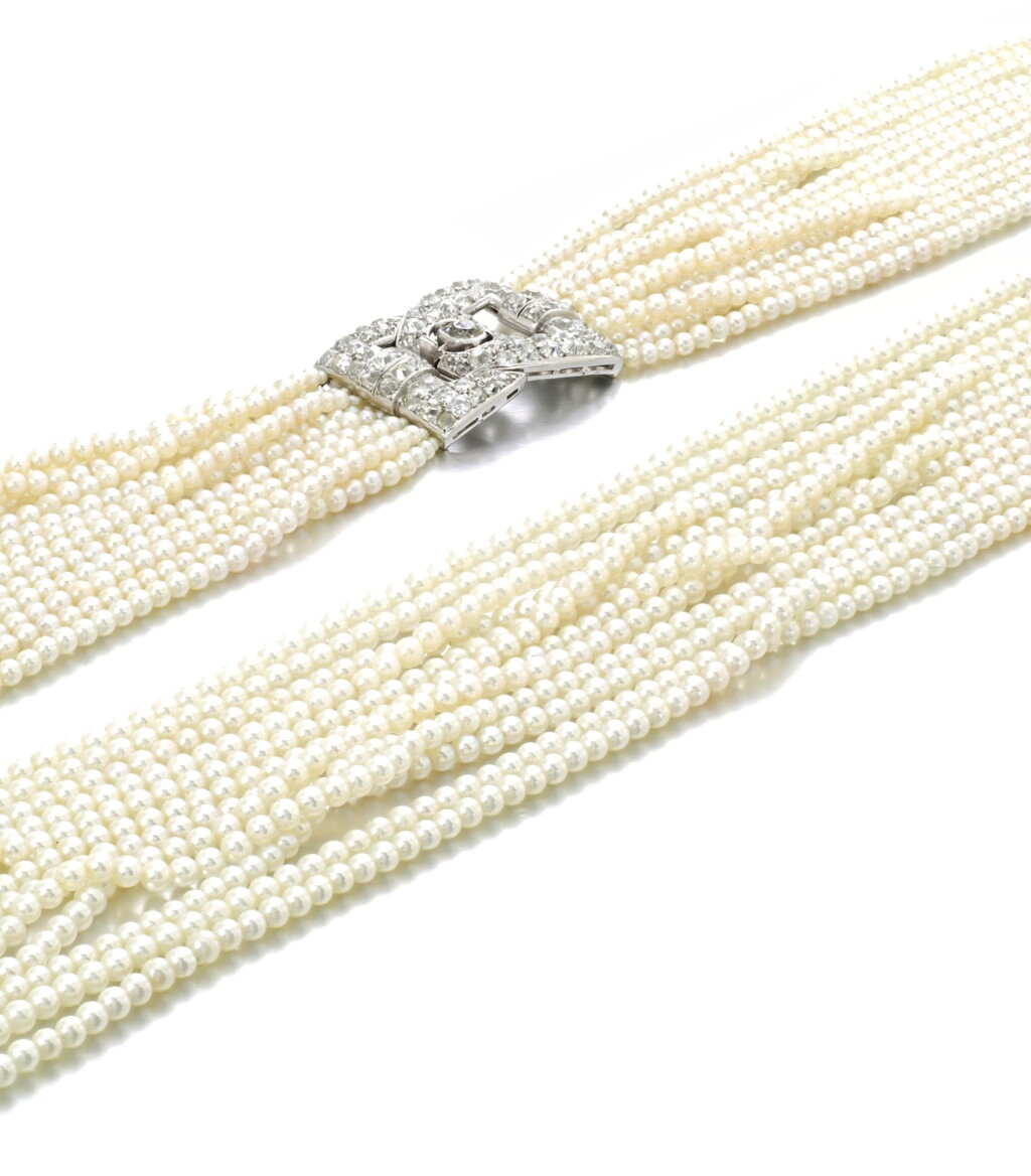 View full screen - View 1 of Lot 44. CHAUMET | SEED PEARL AND DIAMOND NECKLACE, EARLY 20TH CENTURY AND LATER.