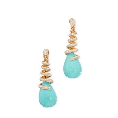 View full screen - View 1 of Lot 182. Pair of Turquoise and Diamond Earclips.