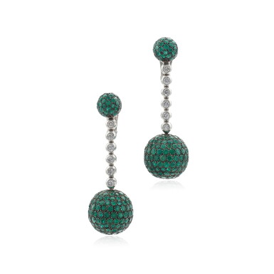 View full screen - View 1 of Lot 847. Pair of tsavorite and diamond pendent ear clips, 'Boule'.