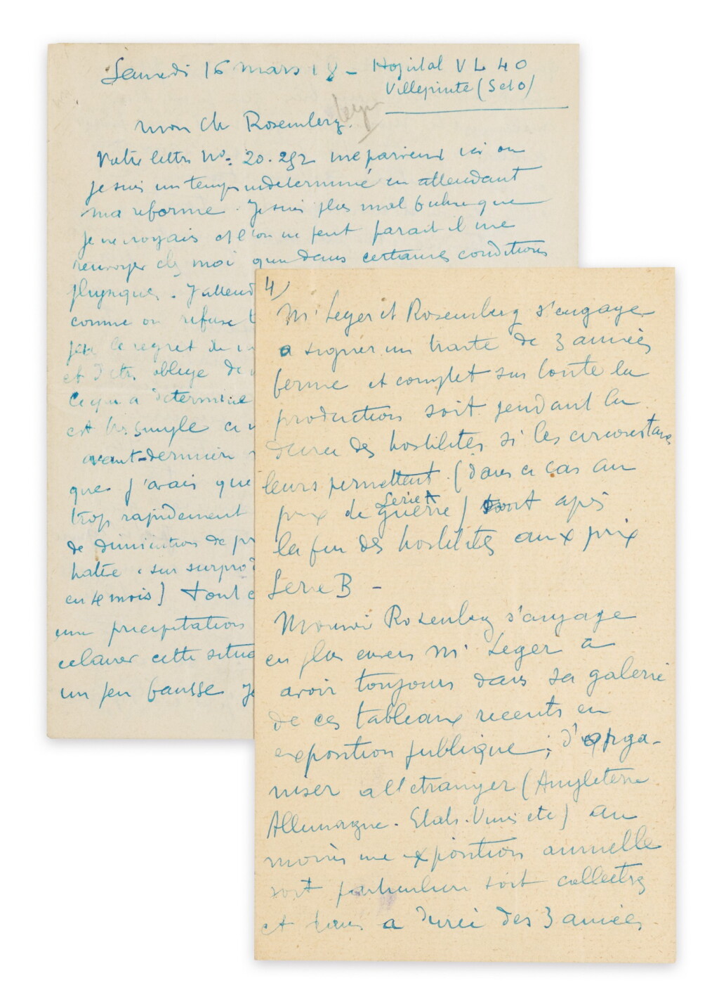 View full screen - View 1 of Lot 249. LEGER. Lettre autographe signée à Léonce Rosenberg, 1918. Sur le contrat qu'il propose à son marchand..