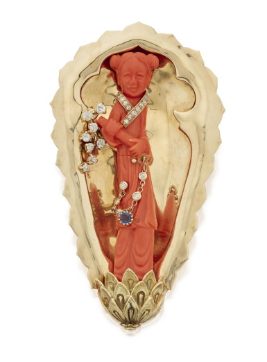 View full screen - View 1 of Lot 390. GOLD, CORAL, DIAMOND AND SAPPHIRE BROOCH, CARTIER.