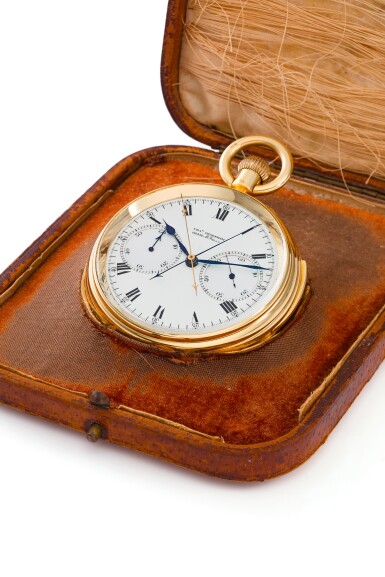 View full screen - View 1 of Lot 85. AN IMPRESSIVE AND EXCEPTIONAL LARGE YELLOW GOLD OPEN-FACED MINUTE REPEATING SPLIT-SECOND CHRONOGRAPH WATCH WITH ONE MINUTE TOURBILLON AND 60-MINUTE REGISTER, 1931, SOLD TO J.P. MORGAN JR. IN 1933.