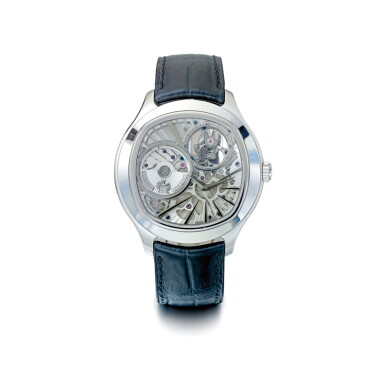View full screen - View 1 of Lot 988. PIAGET | REF G0A38041 EMPERADOR, A WHITE GOLD CUSHION-SHAPED AUTOMATIC SEMI-SKELETONIZED TOURBILLON WRISTWATCH CIRCA 2016 | 伯爵 | G0A38041型號「EMPERADOR」白金自動上鏈半鏤空陀飛輪腕錶,年份約2016.