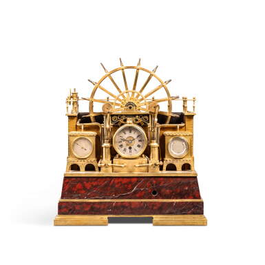 View full screen - View 1 of Lot 189. A French gilt-brass and red griotte marble veneered automaton mantel clock, attributed to André-Romain Guilmet, circa 1890.