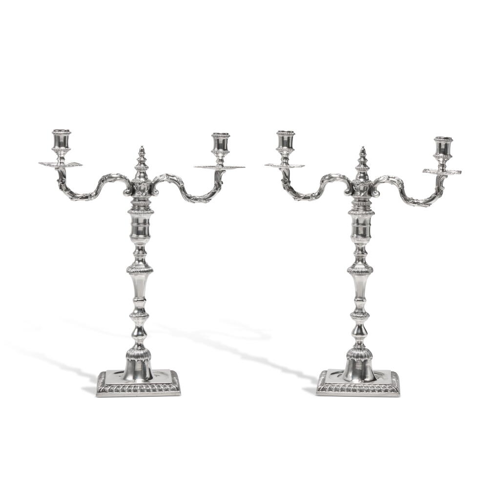 View full screen - View 1 of Lot 438. A Pair of George III Silver Candlesticks, Thomas Hemming, London, 1760 with Two-Light Branches to fit, Eliza Godfrey, London, 1764.