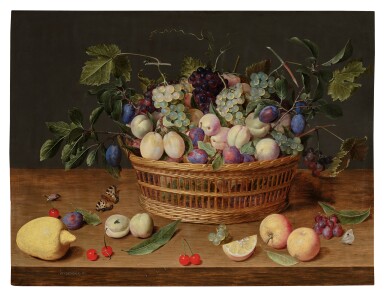View full screen - View 1 of Lot 7. Still Life of a Basket of Fruit on a Wooden Tabletop.