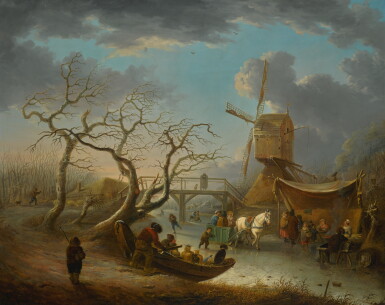 View full screen - View 1 of Lot 137. ANDRIES VERMEULEN | Winter landscape with figures skating on a river before a wooden bridge and a windmill.