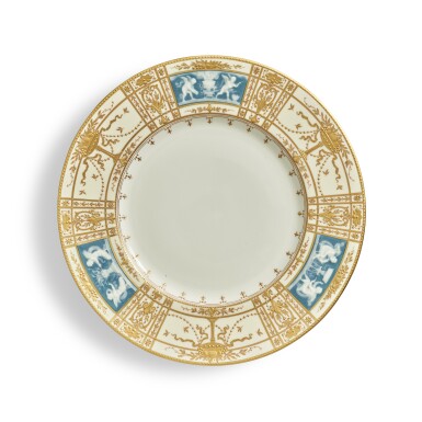 View full screen - View 1 of Lot 236. A Set of Twelve Mintons Pâte-sur-Pâte Ivory, White and Slate-Blue-Ground Plates for Davis Collamore & Co., Circa 1921.