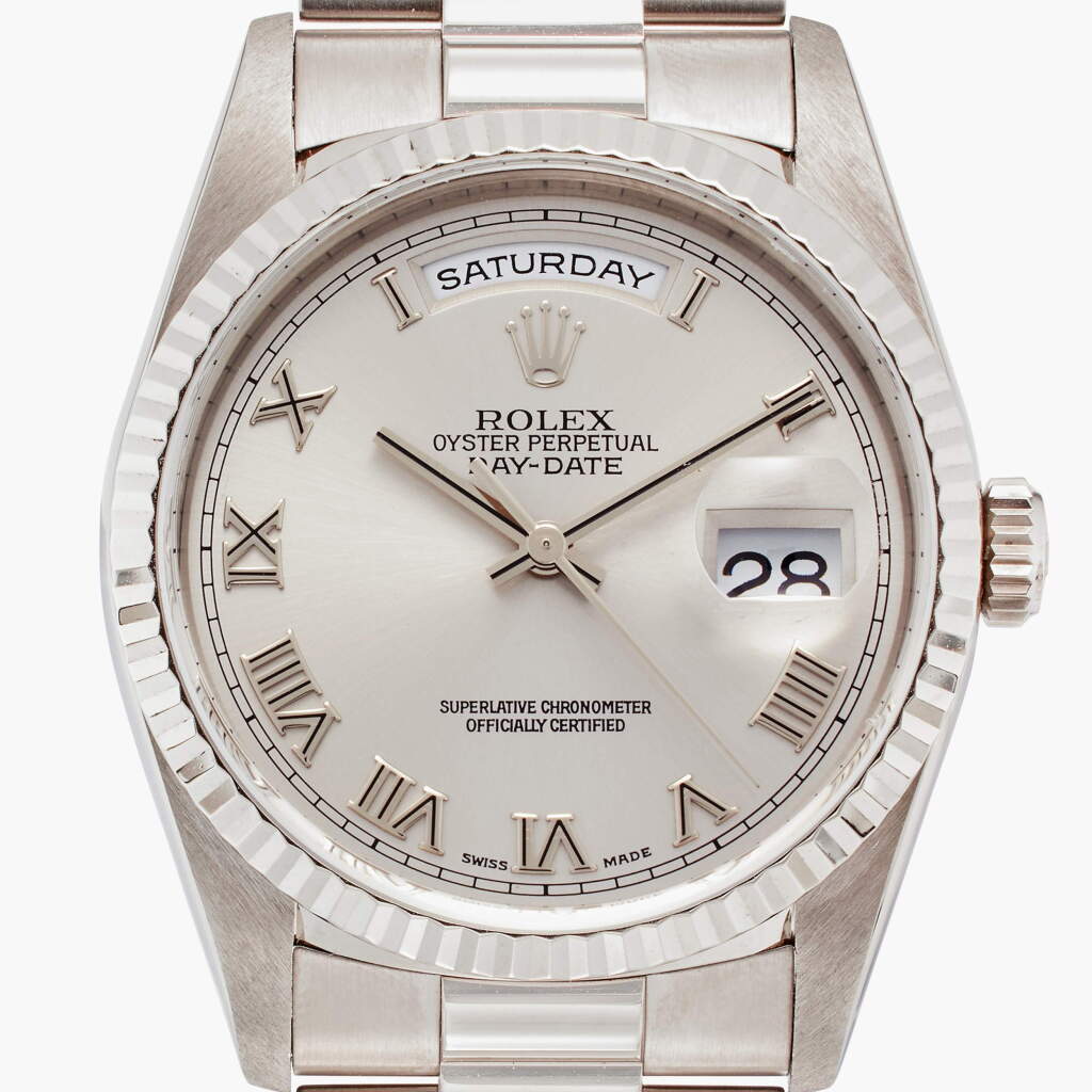 View full screen - View 1 of Lot 486. Reference 18239 Day-Date | A white gold automatic wristwatch with day, date and bracelet, Circa 1999.