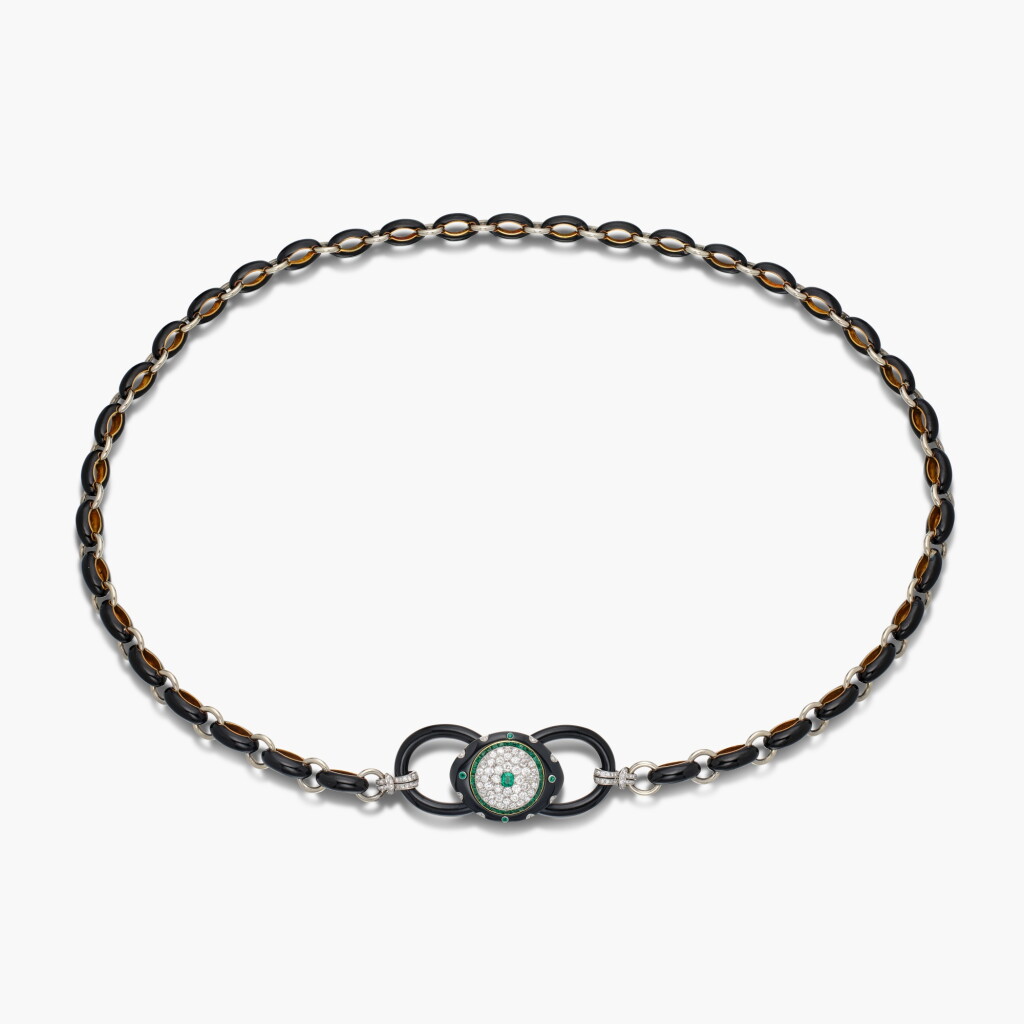 View full screen - View 1 of Lot 22. Onyx, Enamel, Emerald, and Diamond Necklace-Belt 卡地亞 | 縞瑪瑙 配 琺琅 及 祖母綠 及 鑽石 項鏈/腰帶.