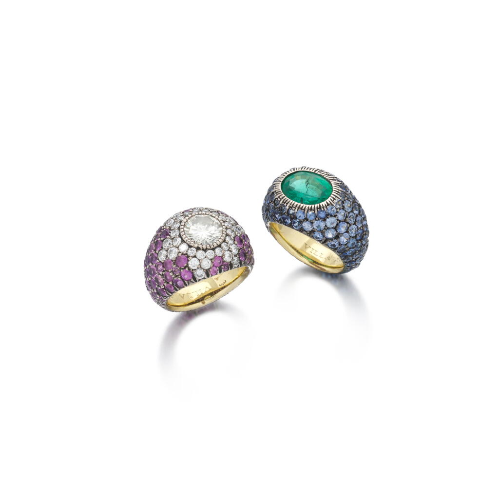 View full screen - View 1 of Lot 234. Two emerald, sapphire, pink sapphire and diamond ring | Due anelli in smeraldo, zaffiri, zaffiri rosa e diamanti.
