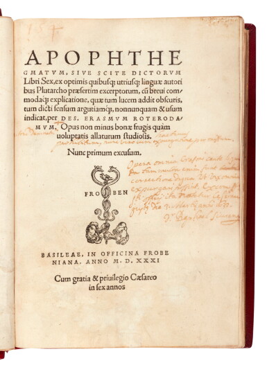 View full screen - View 1 of Lot 64. Erasmus, Apophthegmatum, Basel, 1531, modern red morocco.