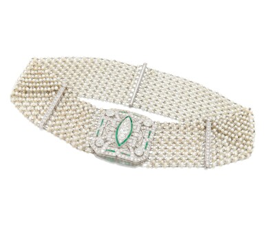 View full screen - View 1 of Lot 145. Seed pearl, diamond and emerald collier de chien (Collana in microperle, diamanti e smeraldi).