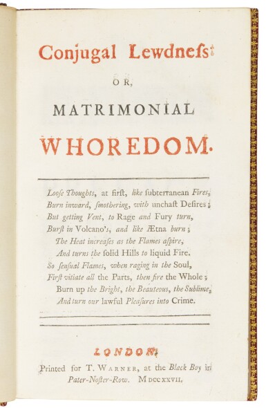 View full screen - View 1 of Lot 58. Defoe, Conjugal Lewdness, or matrimonial whoredom, 1727, rare first issue.