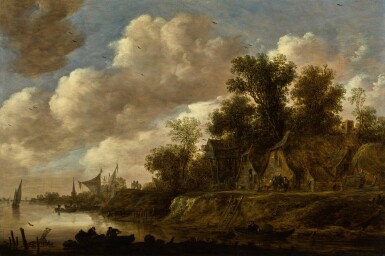 View full screen - View 1 of Lot 22. River landscape with farmhouses and a dovecote upon a high bank |《河上風景,河畔農舍與鴿房景觀》.