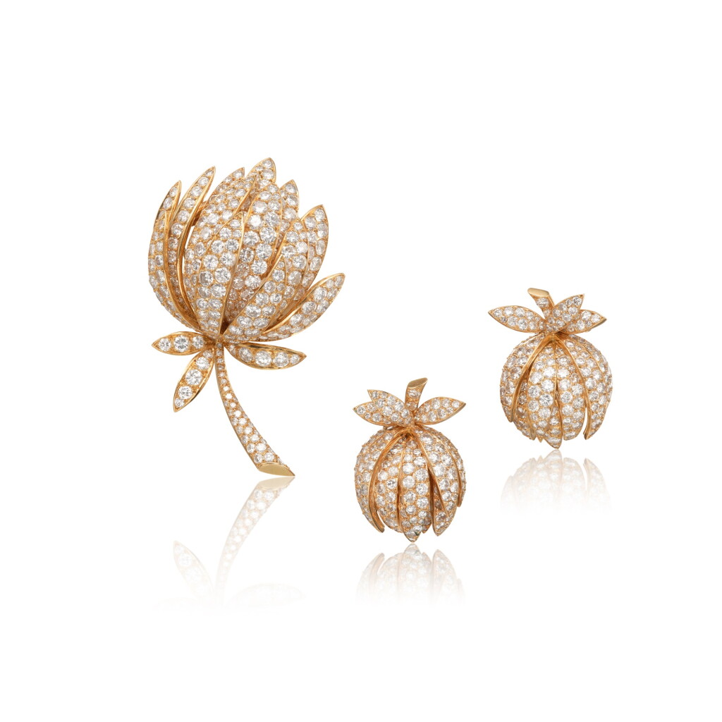 View full screen - View 1 of Lot 205. Gold and Diamond Clip-Brooch and Pair of Earclips, France.