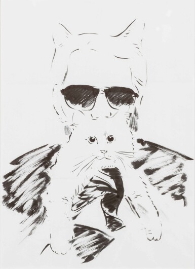View full screen - View 1 of Lot 382. Unknown artist, A framed sketch portrait of Karl and Choupette | Gerahmte Porträtskizze von Karl und Choupette in Tinte auf Papier.