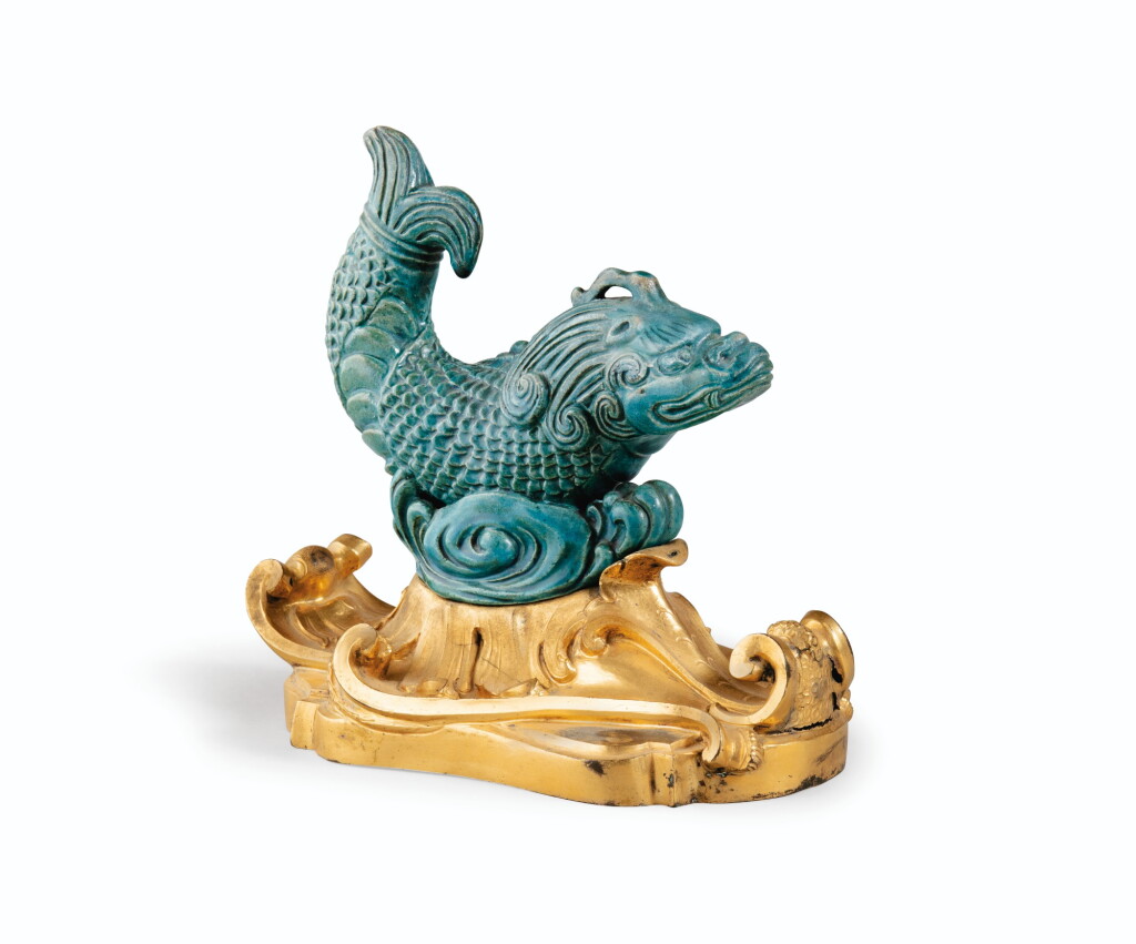 View full screen - View 1 of Lot 43. A CHINESE ENAMELLED SANDSTONE TURQUOISE FISH, 18TH CENTURY, ON ITALIAN GILT BRONZE, MID-18TH CENTURY | POISSON EN GRÈS ÉMAILLÉ TURQUOISE, CHINE, XVIIIE SIÈCLE ET BASE EN BRONZE DORÉ, TRAVAIL ITALIEN DU MILIEU DU XVIIIÈME SIÈCLE.
