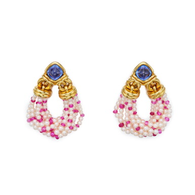 View full screen - View 1 of Lot 416. Pair of Gold, Multi-Colored Sapphire, Ruby and Cultured Pearl Earclips.
