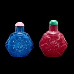 Two glass 'floral' snuff bottles, Qing dynasty, 18th century | 清十八世紀 寶石藍料及寶石紅料風卷葵紋鼻煙壺一組兩件
