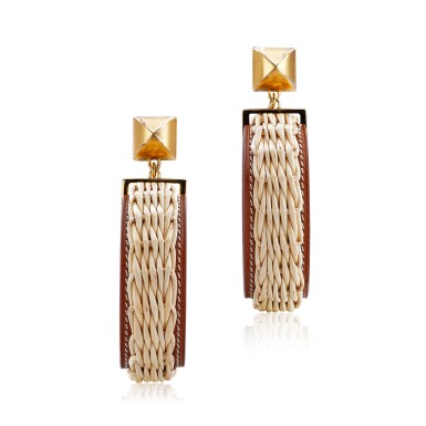 View full screen - View 1 of Lot 7911. Fauve Barenia Calfskin and Wicker Medor Picnic Earrings Gold Hardware.