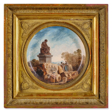 View full screen - View 1 of Lot 6. Capriccio of Figures Among Classical Ruins Beneath a Monumental Statue.