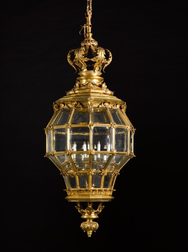 View full screen - View 1 of Lot 114. A massive gilt brass hall lantern, late 19th century, in the Régence style.