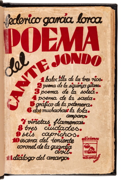 View full screen - View 1 of Lot 331. Federico Garcia Lorca | Poemo del cante Jondo, Madrid, 1931, first edition, inscribed by the author.