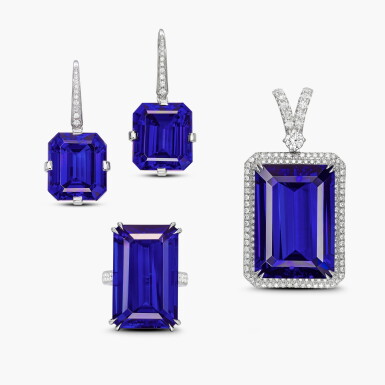 View full screen - View 1 of Lot 1515. Tanzanite and Diamond Parure | 坦桑石 配 鑽石 掛墜 配 耳環 及 戒指套裝.