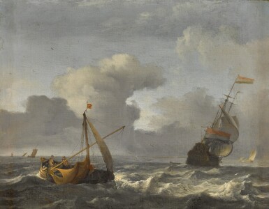 View full screen - View 1 of Lot 161. A sailing boat and man-o'-war in choppy waters.